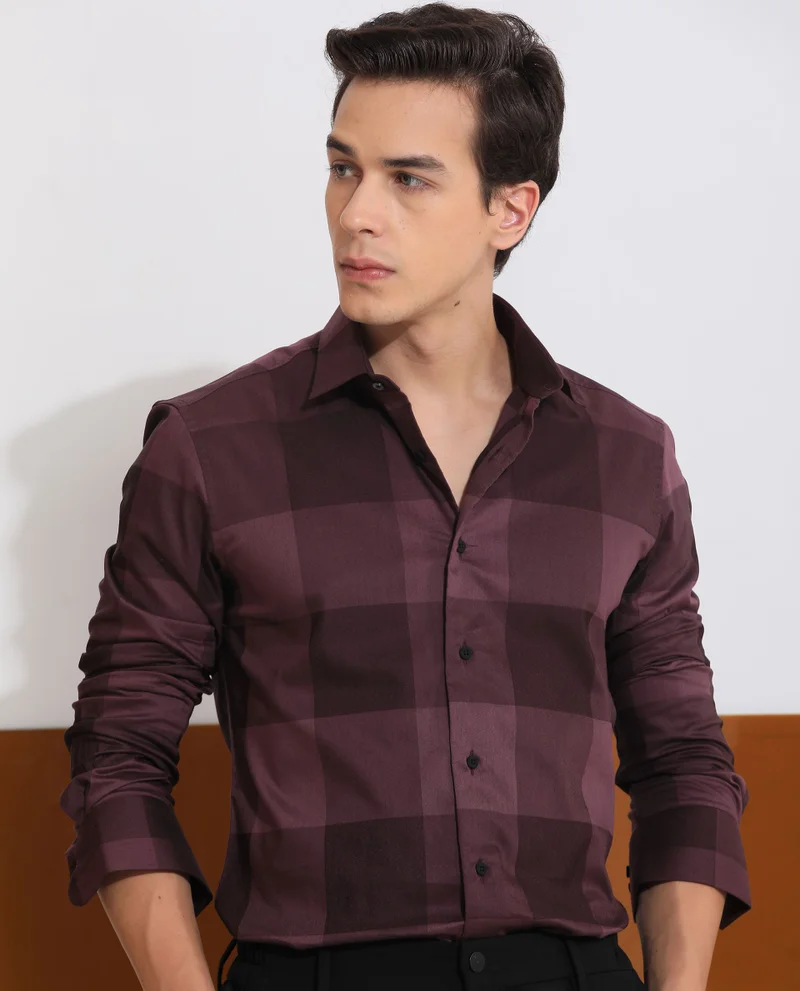 Rare Rabbit Rare Rabbit Men's Santhe Maroon Cotton Lycra Fabric Full Sleeves Regular Fit Tonal Checks Shirt