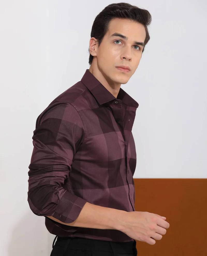 Rare Rabbit Rare Rabbit Men's Santhe Maroon Cotton Lycra Fabric Full Sleeves Regular Fit Tonal Checks Shirt