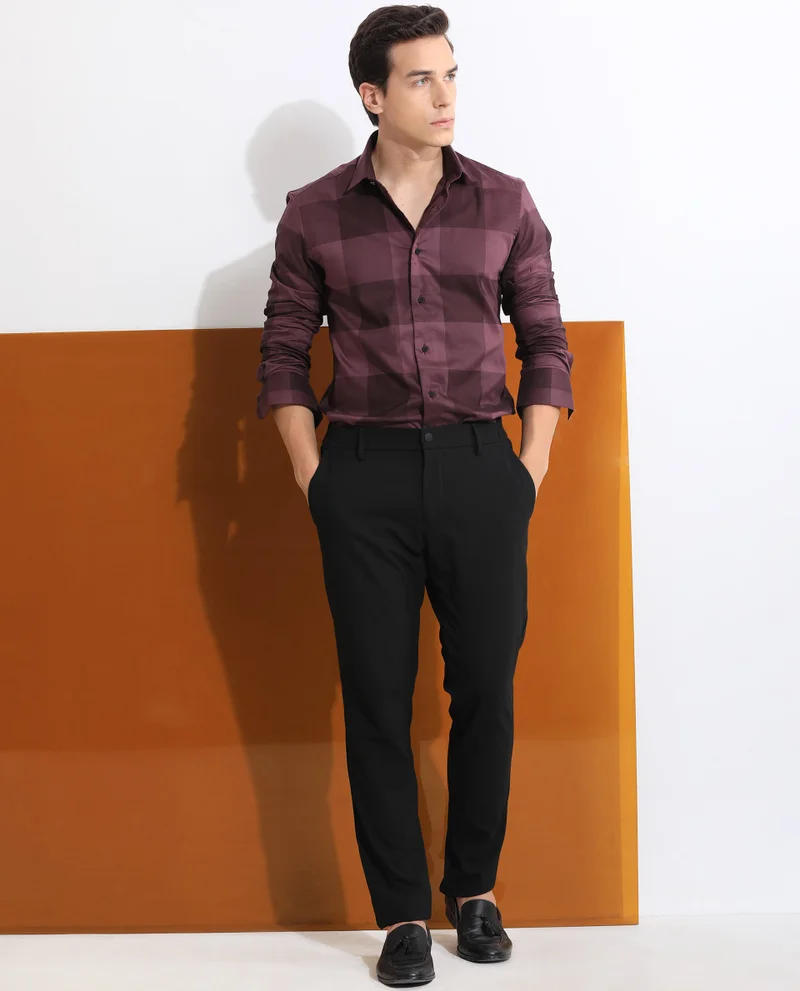 Rare Rabbit Rare Rabbit Men's Santhe Maroon Cotton Lycra Fabric Full Sleeves Regular Fit Tonal Checks Shirt