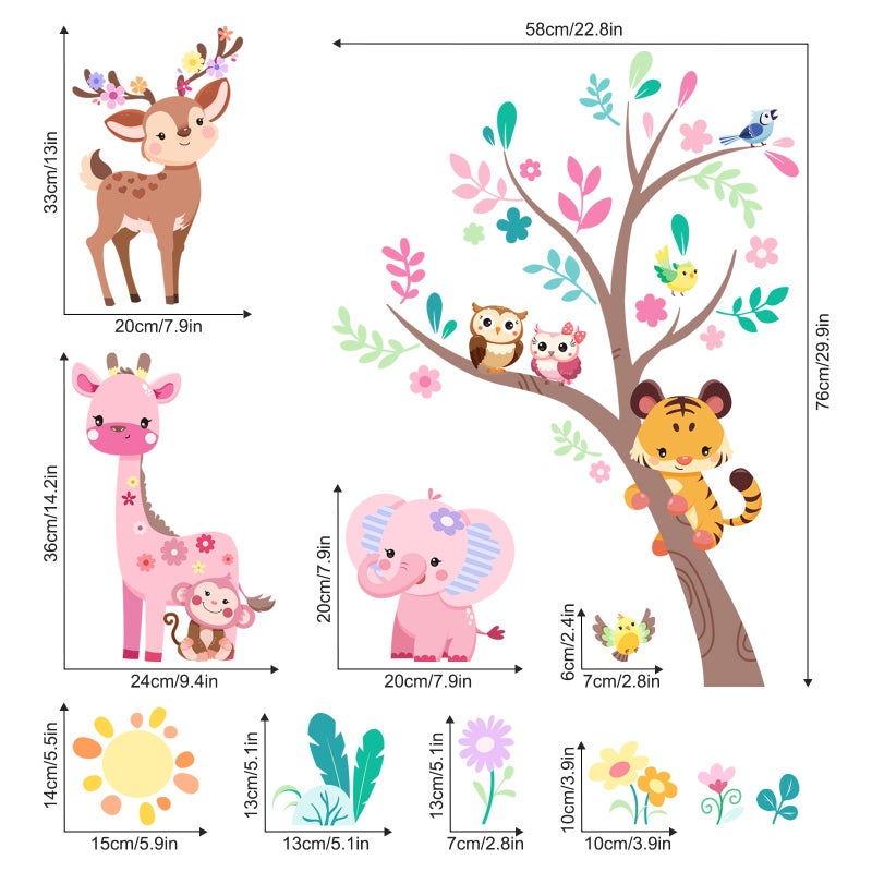Supzone Jungle Animals Tree Wall Decals Pink Elephant Giraffe Wall Stickers for Kids Girls Bedroom Living Room Baby Nursery Wall Decor - Image 3