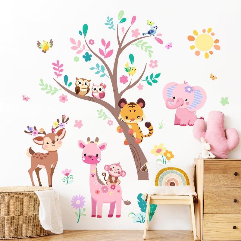 Supzone Jungle Animals Tree Wall Decals Pink Elephant Giraffe Wall Stickers for Kids Girls Bedroom Living Room Baby Nursery Wall Decor - Image 4