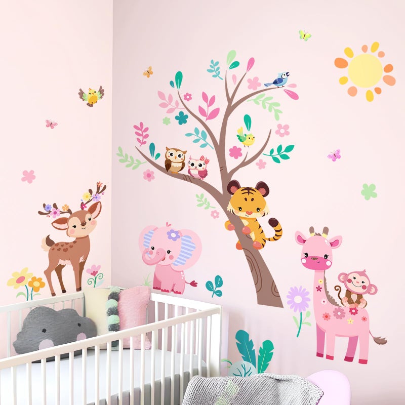 Supzone Jungle Animals Tree Wall Decals Pink Elephant Giraffe Wall Stickers for Kids Girls Bedroom Living Room Baby Nursery Wall Decor - Image 5
