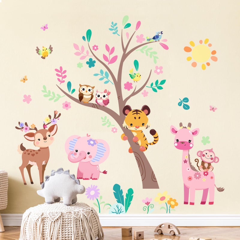 Supzone Jungle Animals Tree Wall Decals Pink Elephant Giraffe Wall Stickers for Kids Girls Bedroom Living Room Baby Nursery Wall Decor - Image 2