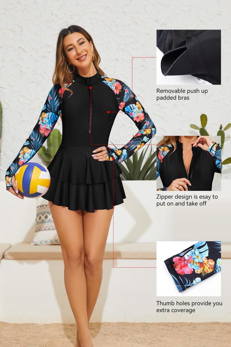 SHEKINI Women Long Sleeve Rash Guard Swimdress Thumb Holes Surfing Printed One Piece Zipper Skirted Swimsuit Swim Shirtï¼ˆM,Black Hï¼‰ - Image 4