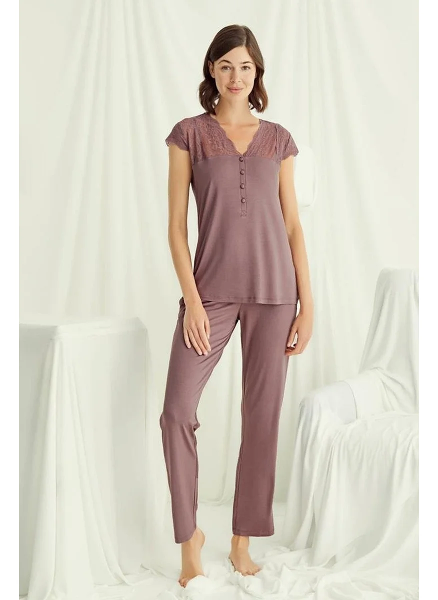 Monamise 18509 Women's V-Neck Lace Buttoned Short Sleeve Pajama Set-Brown