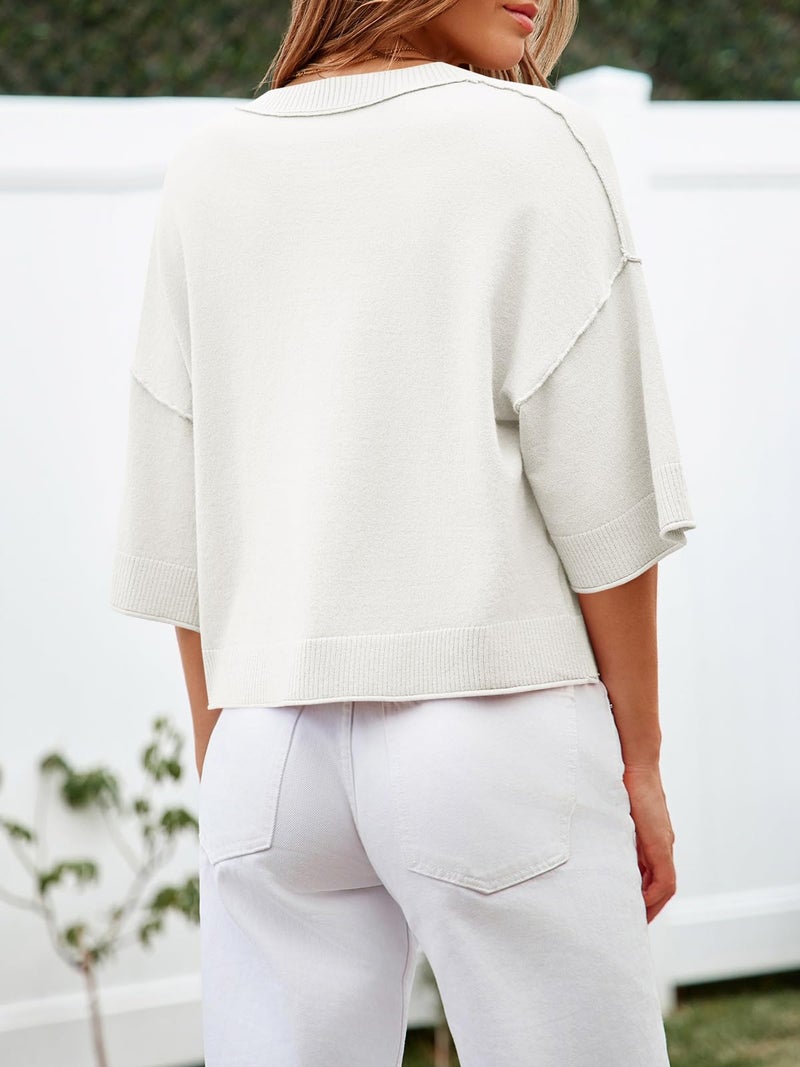 Cicy Bell Womens Half Sleeve Cardigan Sweaters Cropped Button Down Tops Oversized Lightweight Ribbed Knit Summer Outfits White - Image 4