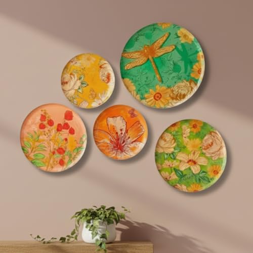 RITUALISTIC Pastel Blooms Wall Plate for home decor | Metal Iron wall decor items for living room | gifts for family & freind | home decor and house warming gift items | wall art & showpiece| Set of 5 - Image 1