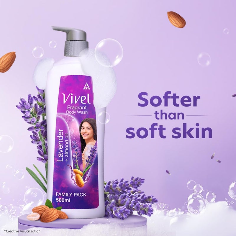 Vivel Fragrant Body Wash Lavender Almond Oil Shower Gel 500 ml Pump Bottle Moisturizing Bodywash For Soft Smooth Skin Effective Cleansing For Women Men - Image 4
