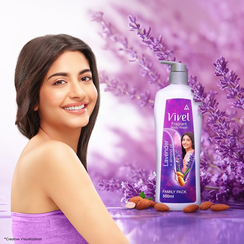 Vivel Fragrant Body Wash Lavender Almond Oil Shower Gel 500 ml Pump Bottle Moisturizing Bodywash For Soft Smooth Skin Effective Cleansing For Women Men - Image 2