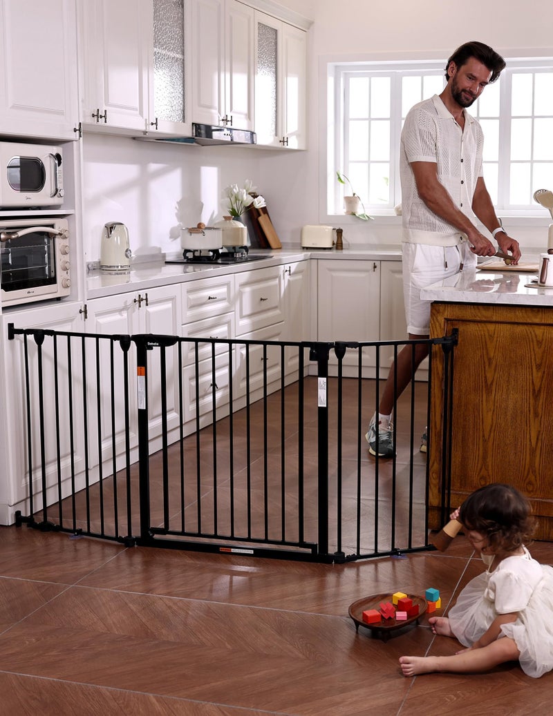 BABELIO بوابة أطفال بابل 72" عريضة جداً، 30" ارتفاع، بوابة حيوانات آلية الإغلاق للدرج، مطبخ، أبواب، مدفأة، مثبتة بالأجهزة، بوابة داخلية للحيوانات الأليفة، قابلة للطي، 3 ألواح معدنية، سوداء - Image 1