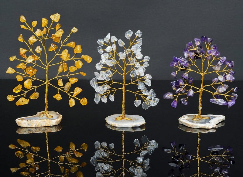 HindCraft Amethyst Citrine Clear Quartz Crystal Trees for Home Office Items for Good Luck showpiece for Home Decor Table Decorative Items Gift Items Room Decor Wedding Gift Set of 3 - Image 1