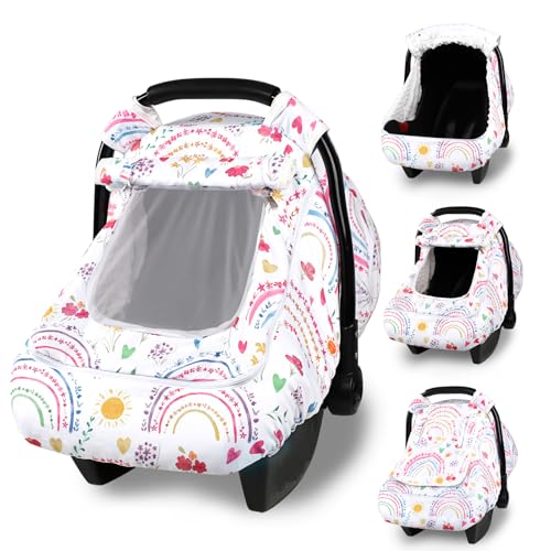Pea Pod Winter Car Seat Cover Baby with Sunshade Dual Zipper Windows Minky Bubble Lined Windproof Soft Shell Warm Newborn Car Seat Canopy Covers Elastic Bottom for Stroller Infant Car Seat Rainbow - Image 1