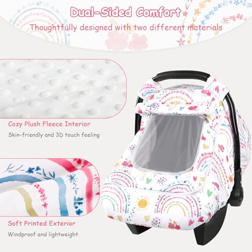 Pea Pod Winter Car Seat Cover Baby with Sunshade Dual Zipper Windows Minky Bubble Lined Windproof Soft Shell Warm Newborn Car Seat Canopy Covers Elastic Bottom for Stroller Infant Car Seat Rainbow - Image 3