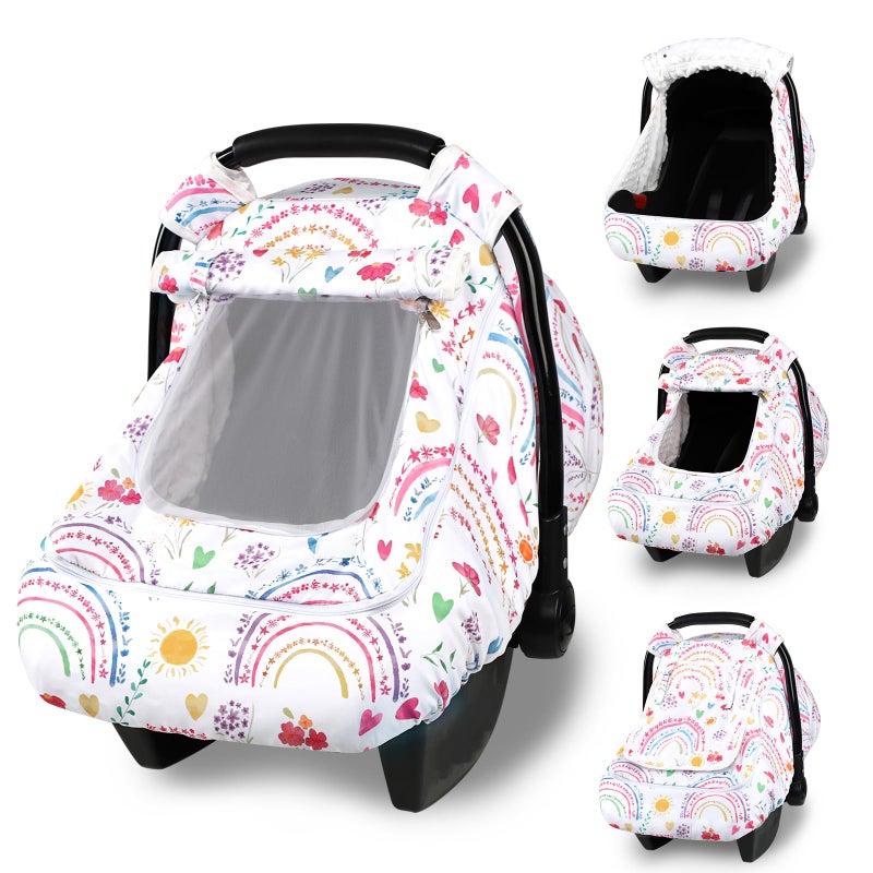 Pea Pod Winter Car Seat Cover Baby with Sunshade Dual Zipper Windows Minky Bubble Lined Windproof Soft Shell Warm Newborn Car Seat Canopy Covers Elastic Bottom for Stroller Infant Car Seat Rainbow - Image 2