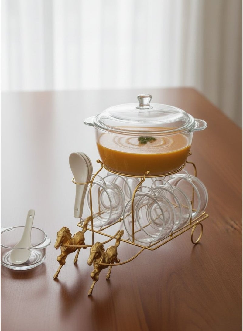 طقم شوربة شفاف مع ملاعق مع قاعدة بتصميم عربية أحصنة - Image 1