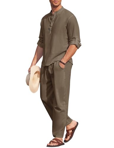 COOFANDY Mens 2 Pieces Cotton Linen Set Long Sleeve Henley Shirts Casual Beach Pants With Pockets Summer Yoga Outfits - Image 1