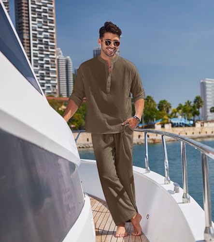 COOFANDY Mens 2 Pieces Cotton Linen Set Long Sleeve Henley Shirts Casual Beach Pants With Pockets Summer Yoga Outfits - Image 3