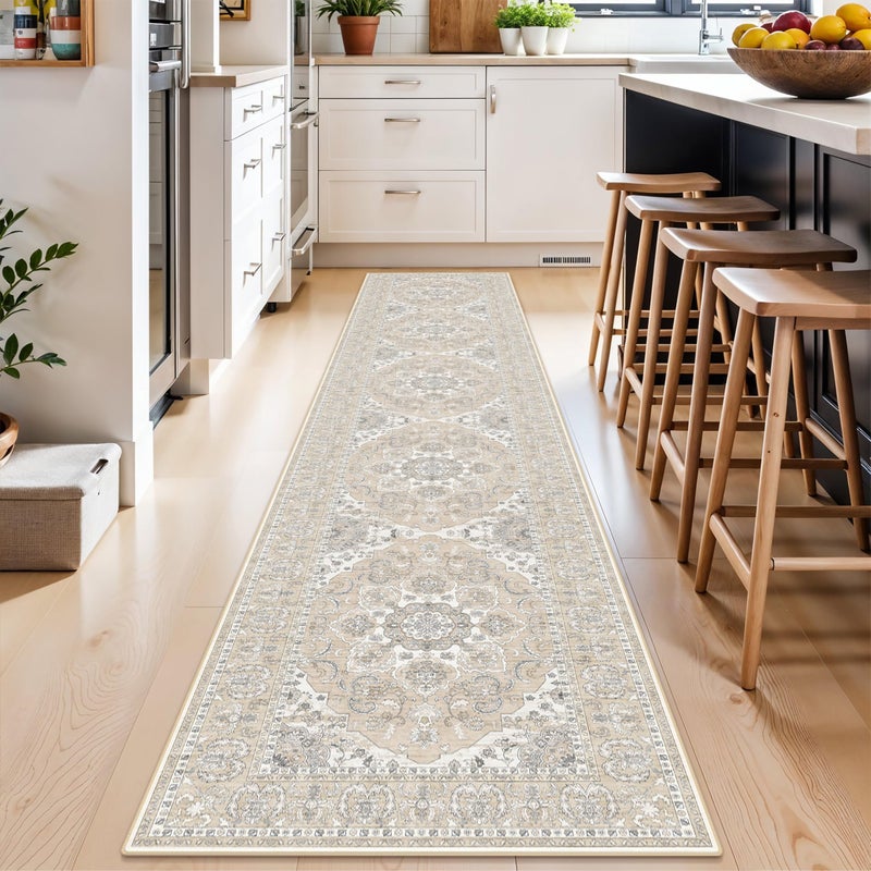 RUUGME Washable Kitchen Runner Rug 2x10: Non-Slip Hallway Entryway Rugs with Rubber Backing Stain Resistant Soft Thin Low Pile Carpet for Bedroom Indoor Vintage Home Decor Mat for Bathroom (Beige/Cream,2x10) - Image 1