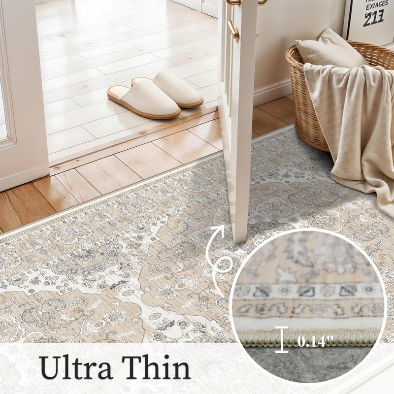 RUUGME Washable Kitchen Runner Rug 2x10: Non-Slip Hallway Entryway Rugs with Rubber Backing Stain Resistant Soft Thin Low Pile Carpet for Bedroom Indoor Vintage Home Decor Mat for Bathroom (Beige/Cream,2x10) - Image 5