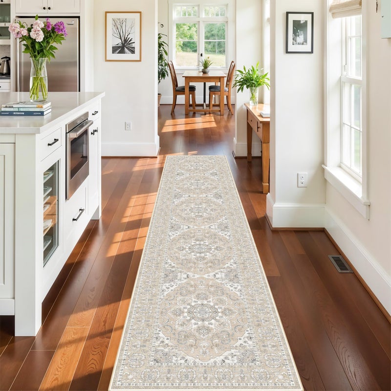 RUUGME Washable Kitchen Runner Rug 2x10: Non-Slip Hallway Entryway Rugs with Rubber Backing Stain Resistant Soft Thin Low Pile Carpet for Bedroom Indoor Vintage Home Decor Mat for Bathroom (Beige/Cream,2x10) - Image 3