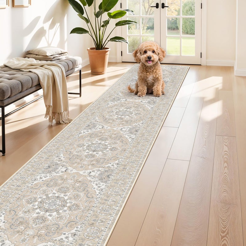 RUUGME Washable Kitchen Runner Rug 2x10: Non-Slip Hallway Entryway Rugs with Rubber Backing Stain Resistant Soft Thin Low Pile Carpet for Bedroom Indoor Vintage Home Decor Mat for Bathroom (Beige/Cream,2x10) - Image 2