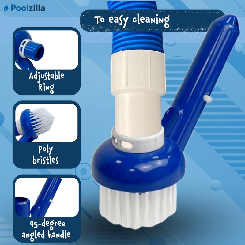 Poolzilla Corner Vacuum Brush with Adjustable Ring, Safe for Concrete and Vinyl, Connects to 1 1/2'' Hoses and 1 1/4'' Telescopic Poles, for Swimming Pools, Spas, Walls, Floors, Steps, and Corners - Image 3