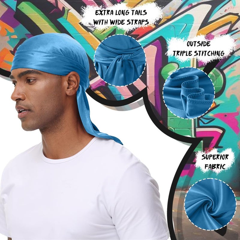 BE BIGEDDIE BIGEDDIE 12Pcs Durag Pack, Durags for Men Silky, Silk Durag for Men Women Waves, Satin Du rag with Long Tail and Wide Straps 12 Colors - Image 3