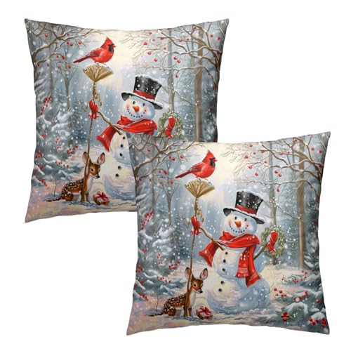 Giwawa Winter Snowman Throw Pillow Covers 18x18 Inch Set of 2 Red Bird Berry Cushion Cover Seasonal Pillow Case for Sofa Couch Bedroom Decoration - Image 3