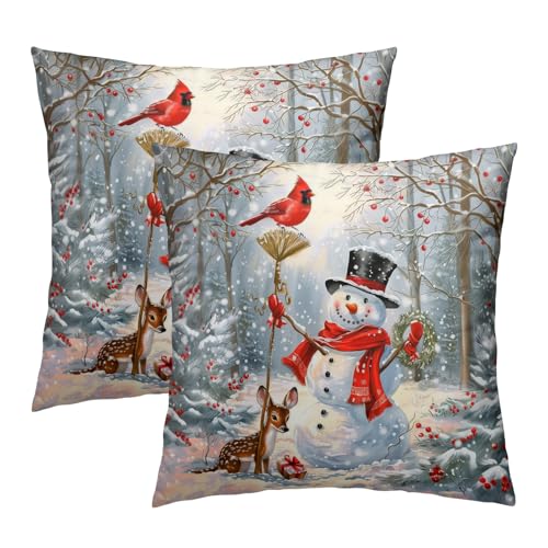 Giwawa Winter Snowman Throw Pillow Covers 18x18 Inch Set of 2 Red Bird Berry Cushion Cover Seasonal Pillow Case for Sofa Couch Bedroom Decoration - Image 1