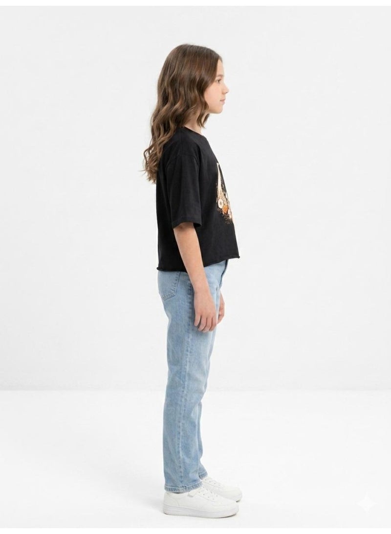 Caesar Girls' cotton short-sleeved t-shirt with prints on the chest - Image 2