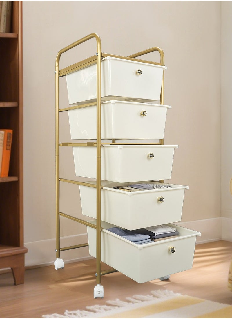 5-Drawer Rolling Storage Cart Multipurpose Mobile Rolling Plastic Drawer Cart with 4 Lockable Caster Wheels, for Crafts Documents Arts and Tools Storage in Classroom, Home, Office, School