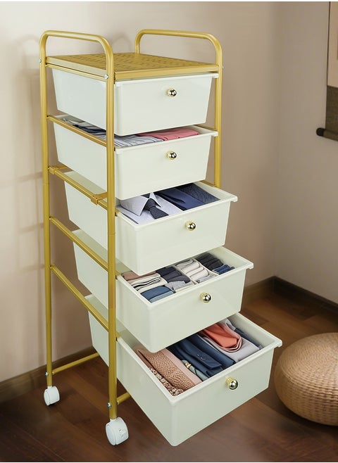 5-Drawer Rolling Storage Cart Multipurpose Mobile Rolling Plastic Drawer Cart with 4 Lockable Caster Wheels, for Crafts Documents Arts and Tools Storage in Classroom, Home, Office, School