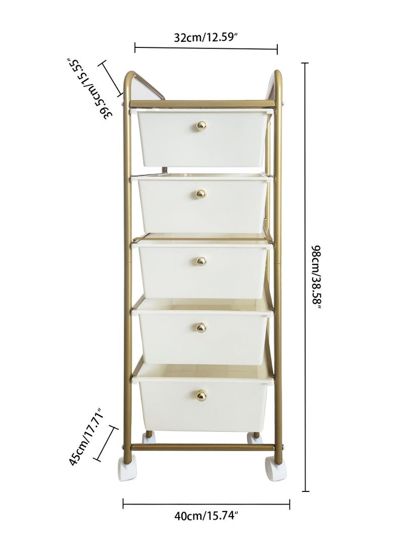 5-Drawer Rolling Storage Cart Multipurpose Mobile Rolling Plastic Drawer Cart with 4 Lockable Caster Wheels, for Crafts Documents Arts and Tools Storage in Classroom, Home, Office, School
