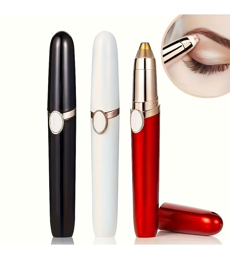 Red USB Rechargeable Eyebrow Trimmer with 2 Replacement Heads for Nose and Ear Hair Grooming - Image 2