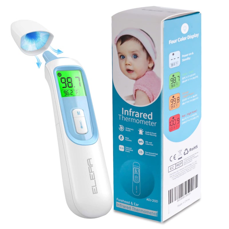 ELERA Ear Thermometer for Baby, ELERA Infrared LCD Thermometer with Automatic Switching Mode of Ear & Forehead, 1s Measurement, 4 Color Backlight Display with Fever Indicator - Image 1