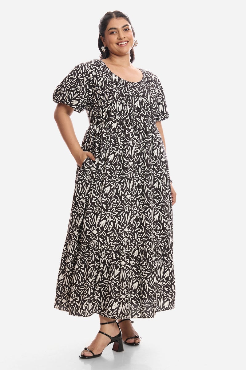 Virgio Floral Viscose Midi Plus Size Dress With Pleated Bodice for Women - Image 3
