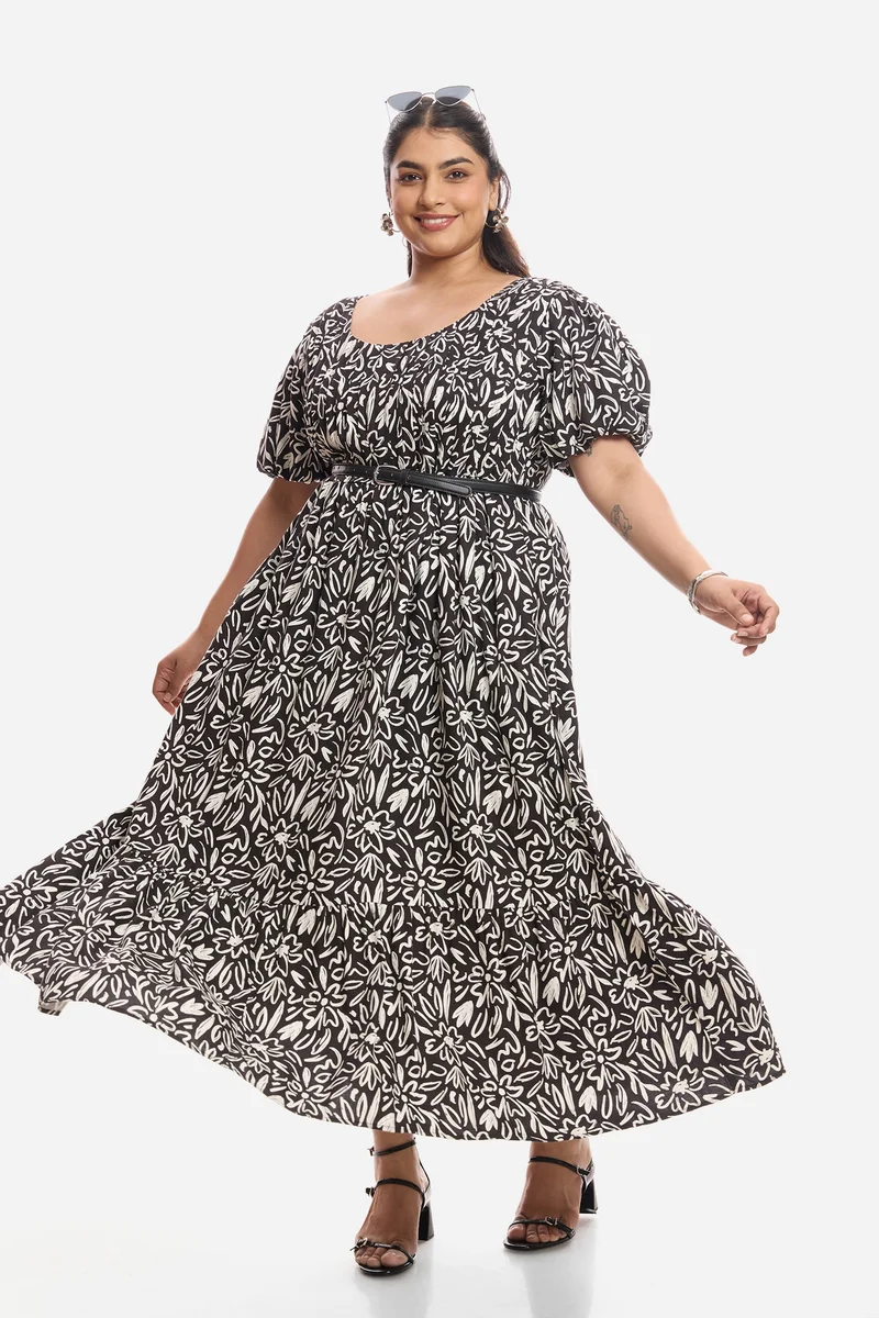 فيرجيو Floral Viscose Midi Plus Size Dress With Pleated Bodice for Women