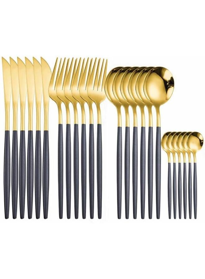Stainless Steel Cutlery Set : 24 Piece Dinnerware Utensils Dinner Forks Spoons Steak Knife Service 6 (Black Gold) - Image 1