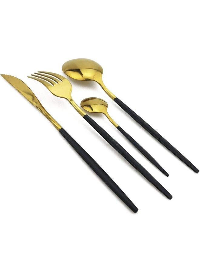 Stainless Steel Cutlery Set : 24 Piece Dinnerware Utensils Dinner Forks Spoons Steak Knife Service 6 (Black Gold) - Image 3