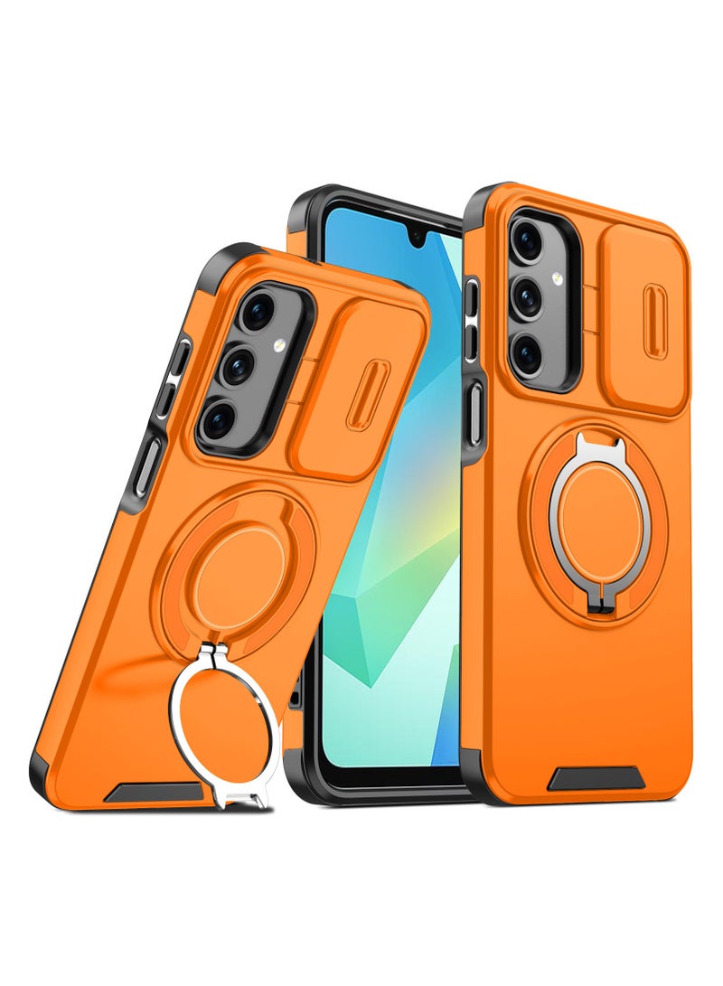 Case compatible with Samsung A16, built-in sliding lens protection and 360° rotatable ring stand and hinge protection, folding case