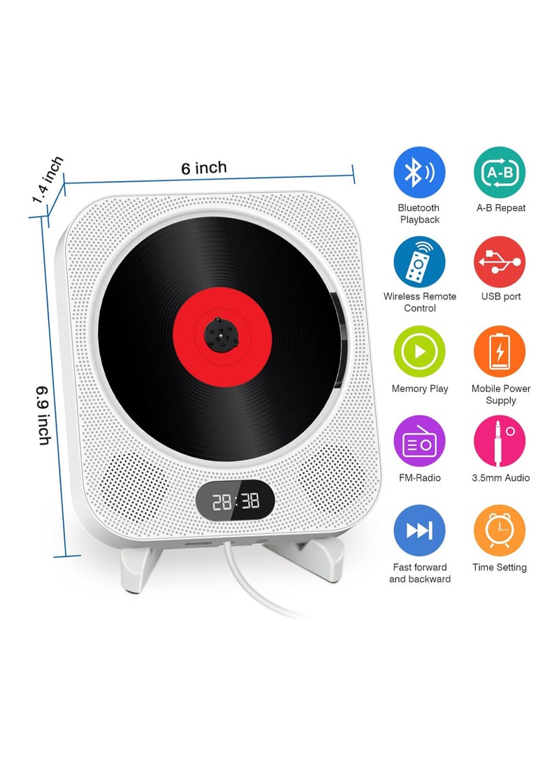 Portable CD Player with Bluetooth, Wall Mounted CD Player Home Audio Boombox Music Player with Remote Control FM Radio, Built-in HiFi Speakers, Jack AUX Input, Support CD/USB/TF