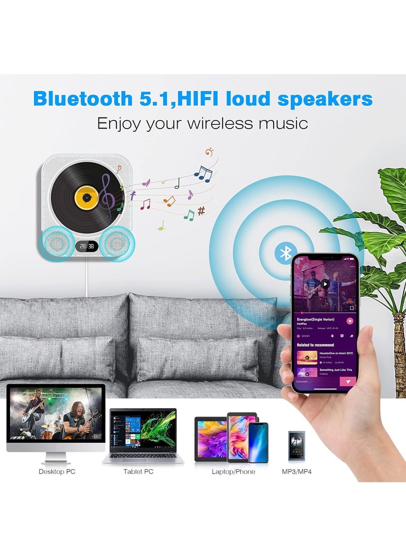 Portable CD Player with Bluetooth, Wall Mounted CD Player Home Audio Boombox Music Player with Remote Control FM Radio, Built-in HiFi Speakers, Jack AUX Input, Support CD/USB/TF