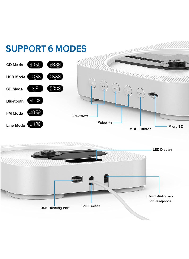 Portable CD Player with Bluetooth, Wall Mounted CD Player Home Audio Boombox Music Player with Remote Control FM Radio, Built-in HiFi Speakers, Jack AUX Input, Support CD/USB/TF