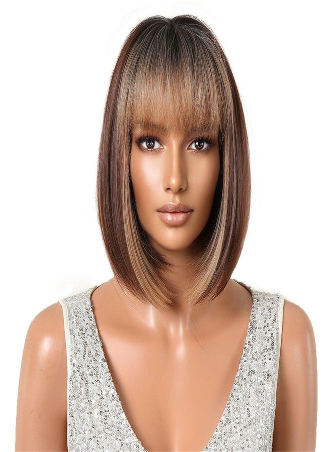 ايمول شعر مستعار قصير بوب ناعم من إيمول، لون بني متدرج مع خصلات بنية فاتحة، جذور داكنة، شعر صناعي مع فرق وسطي طويل، مناسب للارتداء اليومي والحفلات. - Image 1