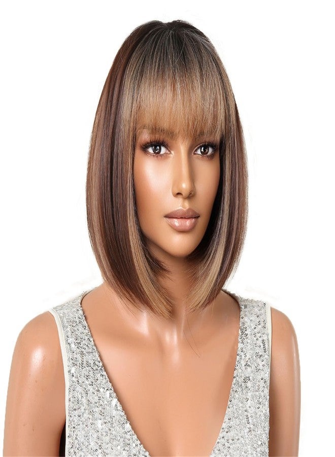 ايمول شعر مستعار قصير بوب ناعم من إيمول، لون بني متدرج مع خصلات بنية فاتحة، جذور داكنة، شعر صناعي مع فرق وسطي طويل، مناسب للارتداء اليومي والحفلات. - Image 2