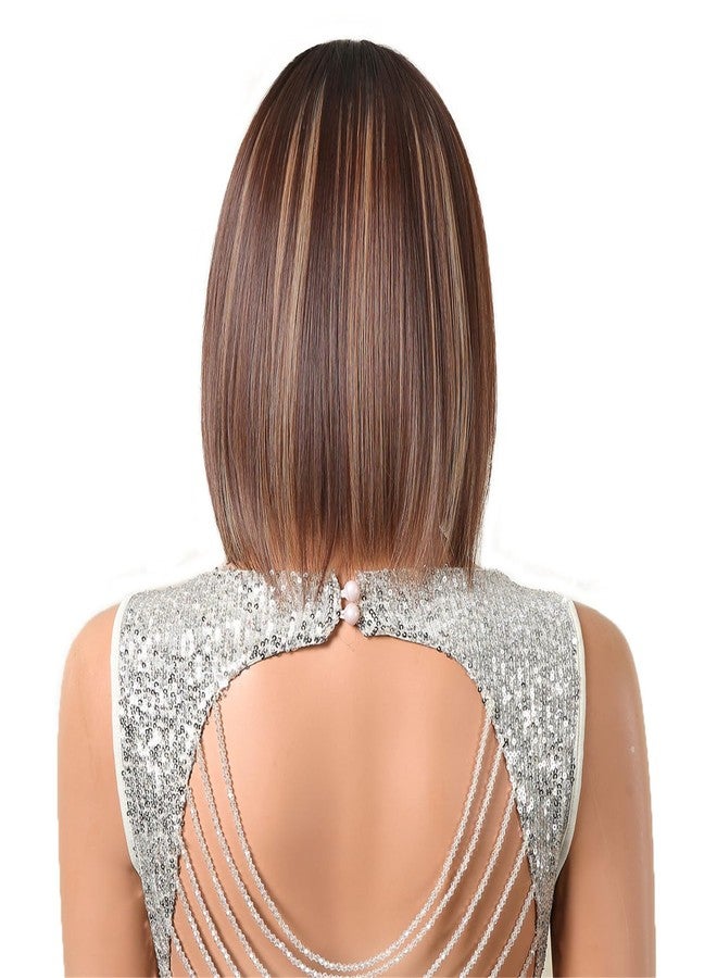 ايمول شعر مستعار قصير بوب ناعم من إيمول، لون بني متدرج مع خصلات بنية فاتحة، جذور داكنة، شعر صناعي مع فرق وسطي طويل، مناسب للارتداء اليومي والحفلات. - Image 4