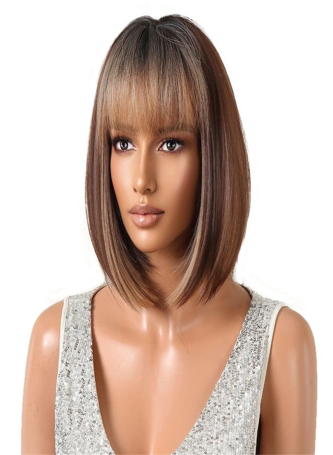 ايمول شعر مستعار قصير بوب ناعم من إيمول، لون بني متدرج مع خصلات بنية فاتحة، جذور داكنة، شعر صناعي مع فرق وسطي طويل، مناسب للارتداء اليومي والحفلات. - Image 3