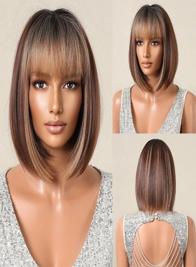 ايمول شعر مستعار قصير بوب ناعم من إيمول، لون بني متدرج مع خصلات بنية فاتحة، جذور داكنة، شعر صناعي مع فرق وسطي طويل، مناسب للارتداء اليومي والحفلات. - Image 5