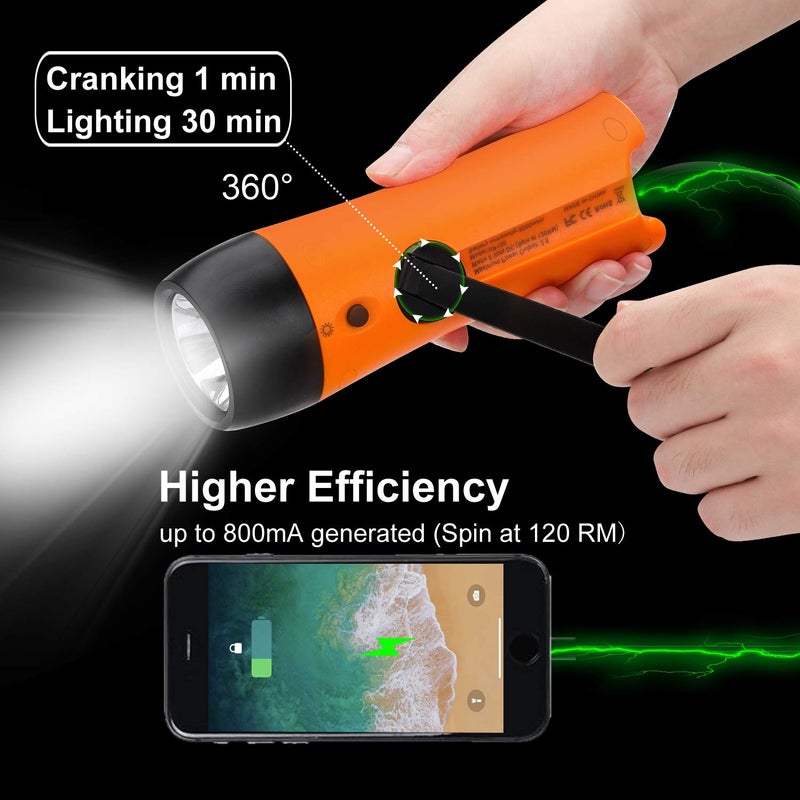 VFAN Rechargeable Hand Crank Flashlight/Generator/USB Charger for Phone and Emergency Survival Situations (Orange) - Image 2