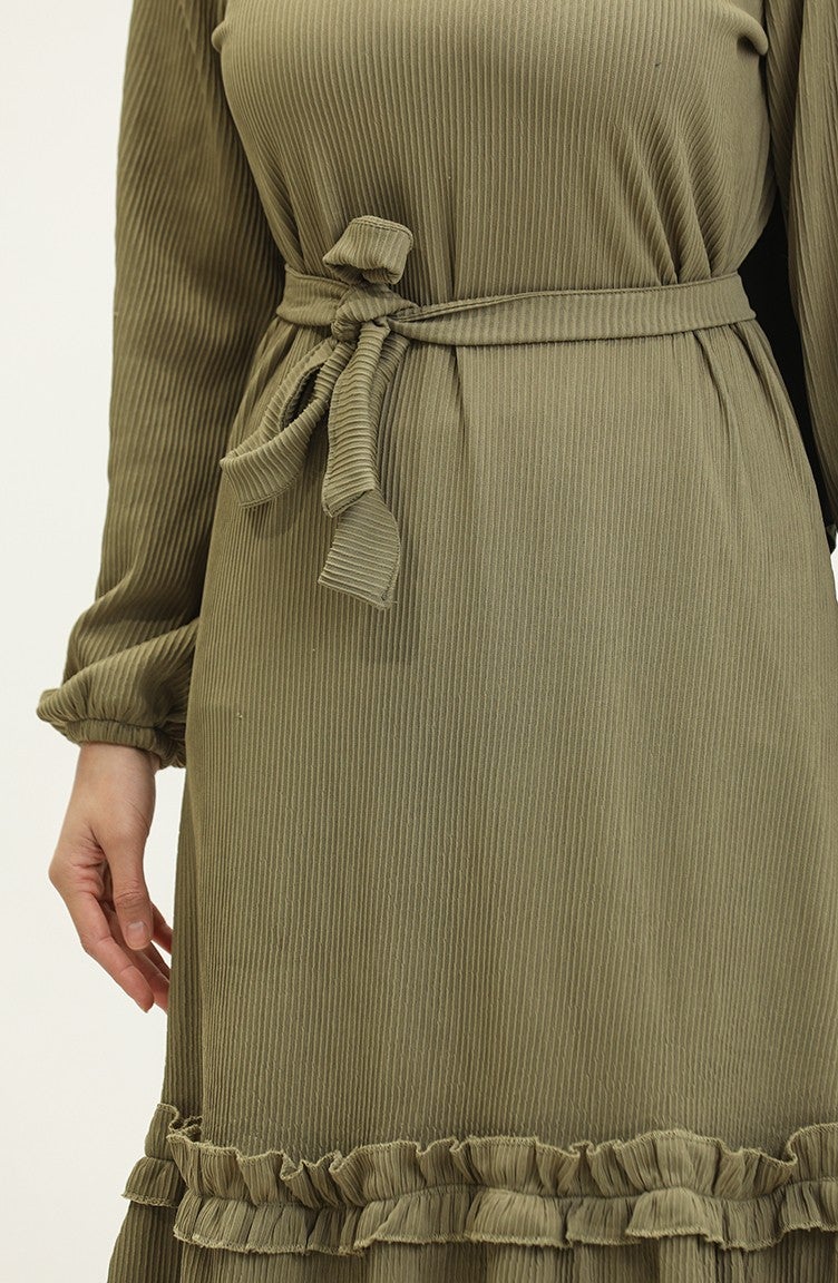 Sefa Merve Corduroy Belted Dress 0261-09 Khaki Green  - Image 4